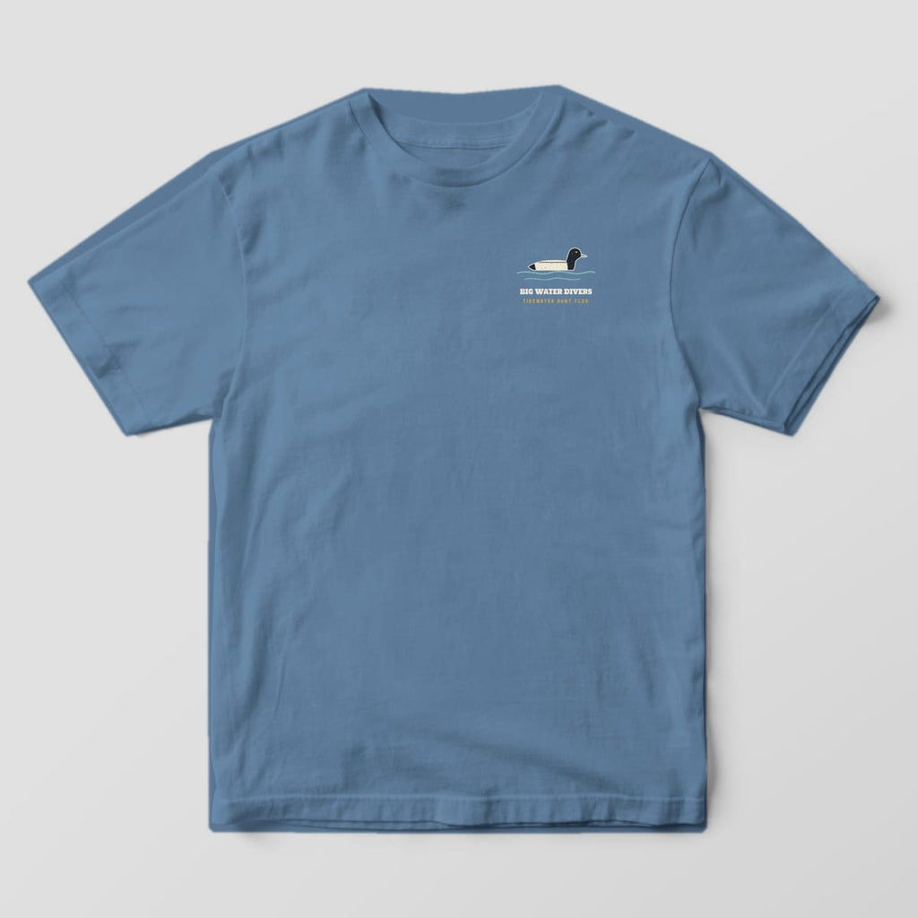Blue Jean Comfort Colors T-shirt front with a small swimming bluebill and Big Water Divers text on the left chest
