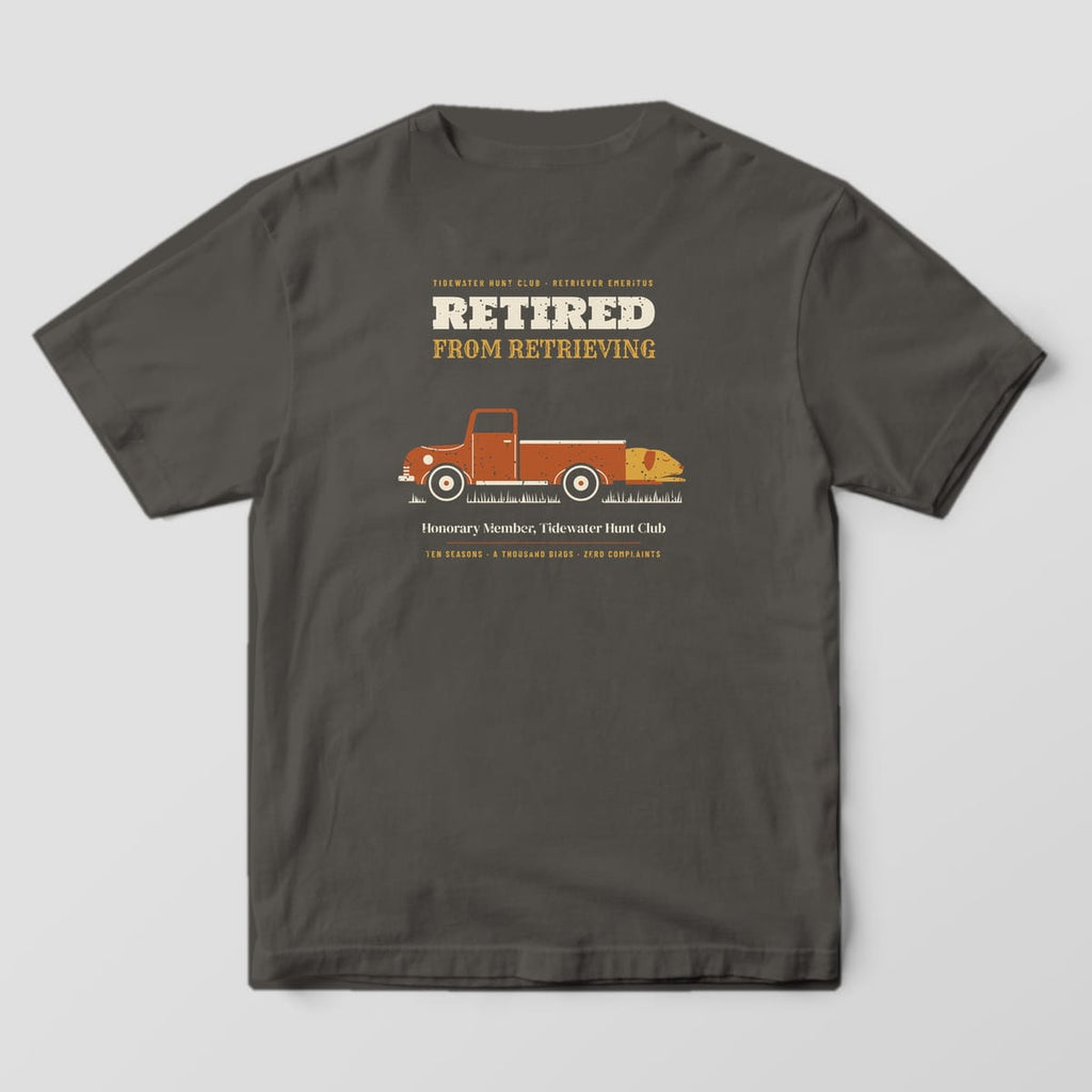 Pepper Comfort Colors T-shirt back with a rust-red vintage pickup, a yellow lab sleeping on the tailgate and Retired From Retrieving