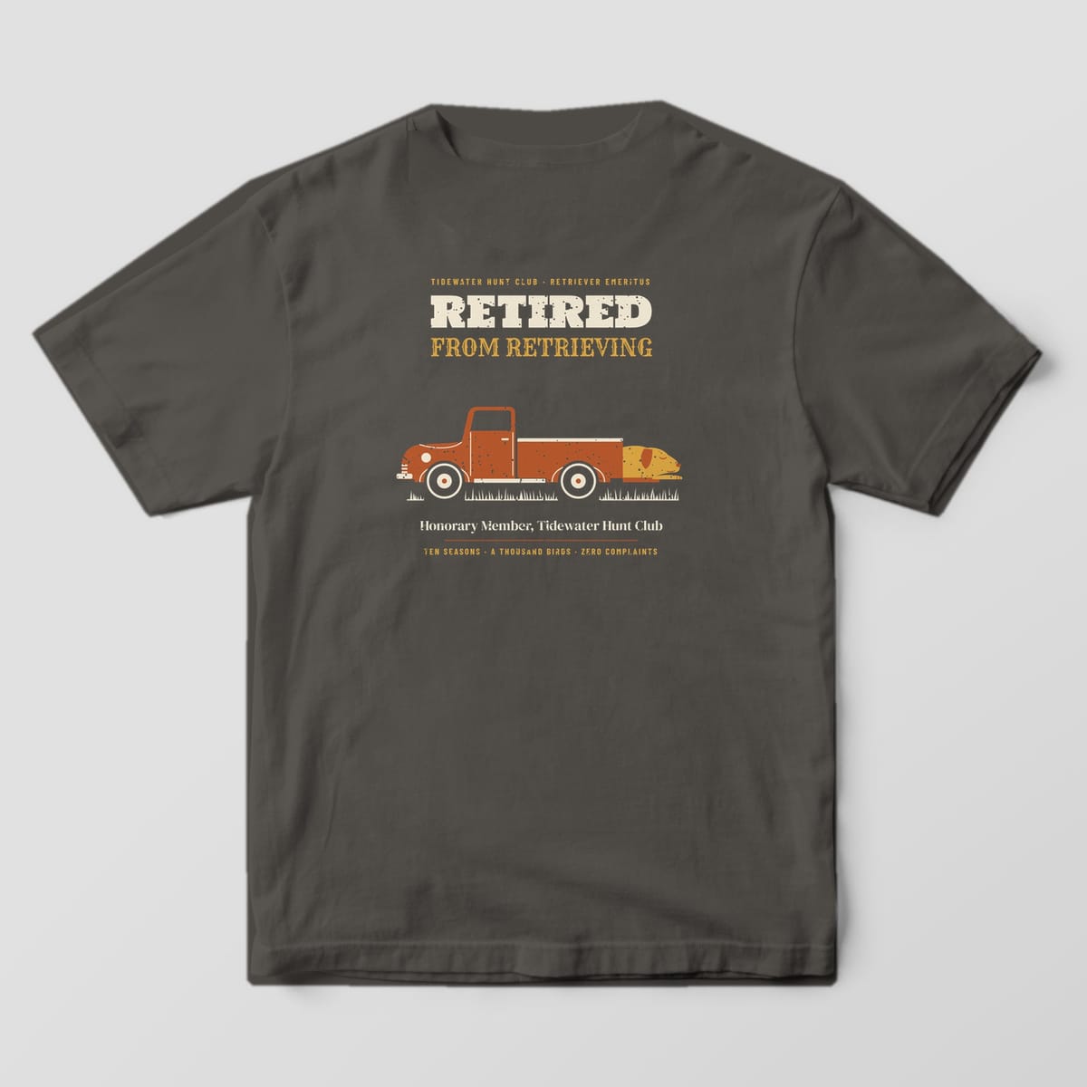 Pepper Comfort Colors T-shirt back with a rust-red vintage pickup, a yellow lab sleeping on the tailgate and Retired From Retrieving