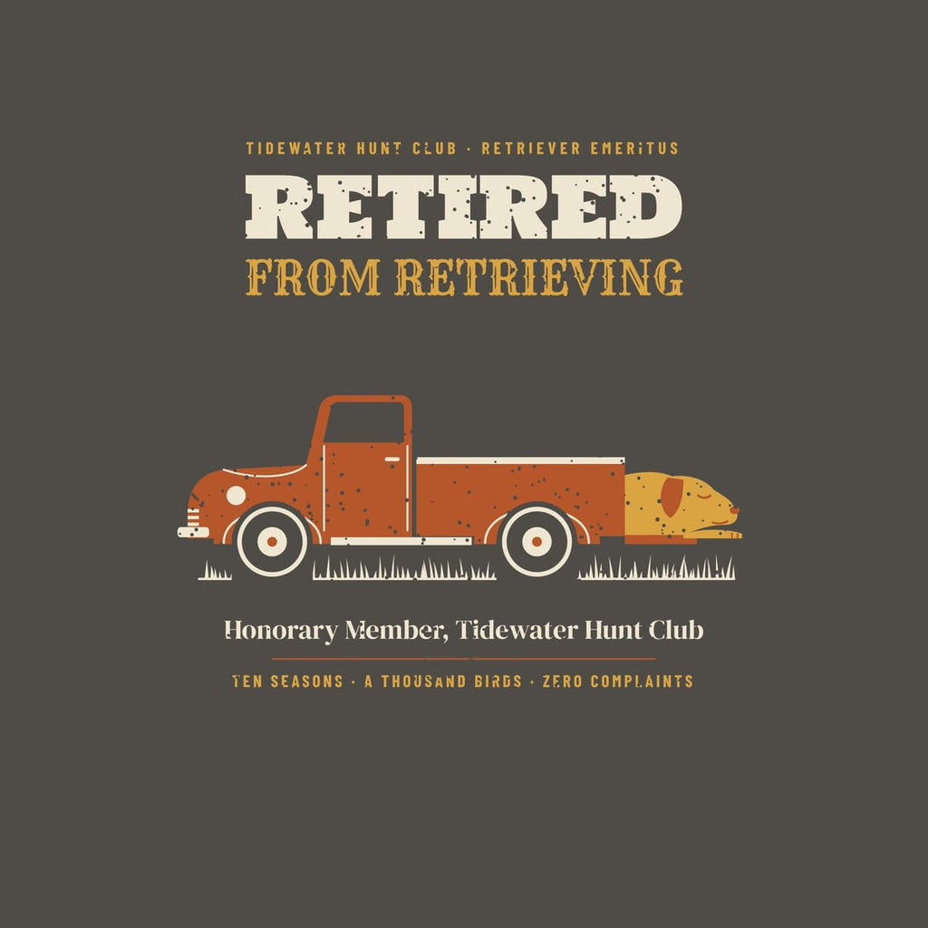 Close-up of the back artwork in cream, rust and gold showing the truck, sleeping lab and lettering