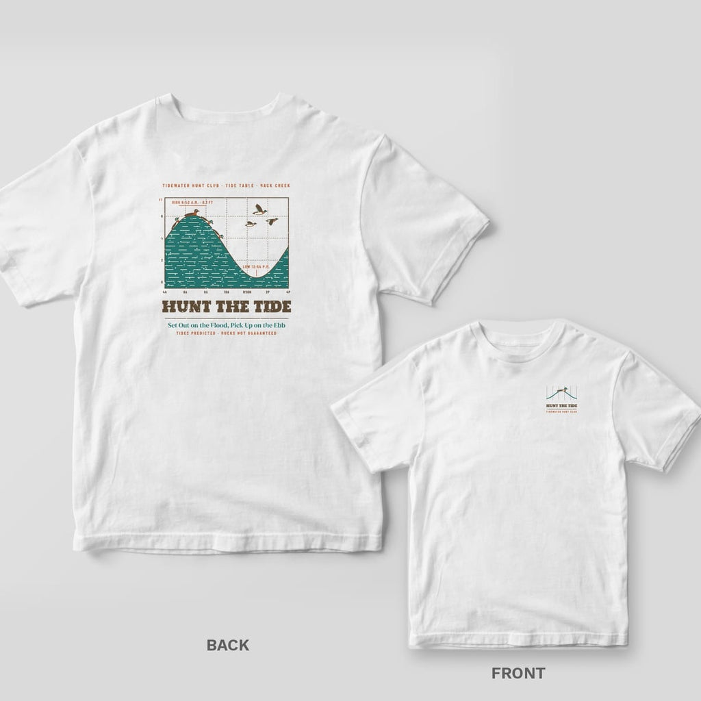 Back and front views of a white T-shirt with a tide chart and mallards on the back and a small tide wave logo on the chest