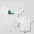 Back and front views of a white T-shirt with a tide chart and mallards on the back and a small tide wave logo on the chest