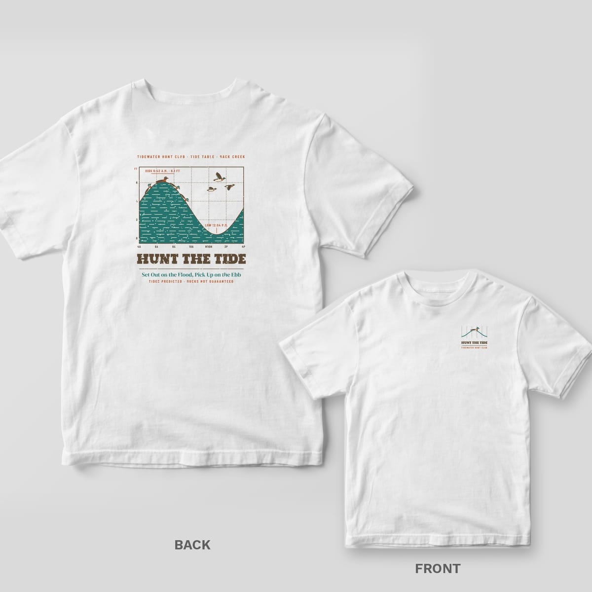 Back and front views of a white T-shirt with a tide chart and mallards on the back and a small tide wave logo on the chest