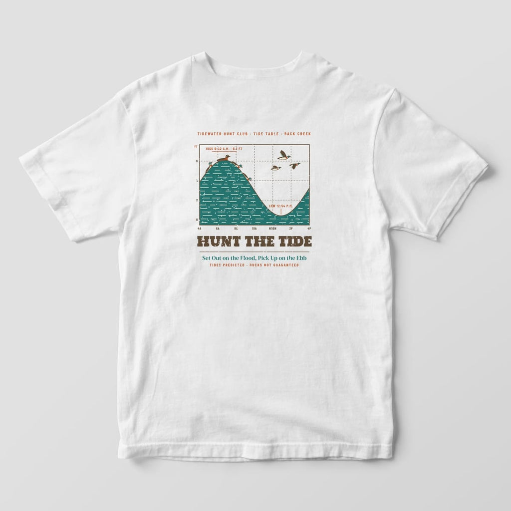 White Comfort Colors T-shirt back with a teal tide chart, mallards riding the high tide and the words Hunt the Tide