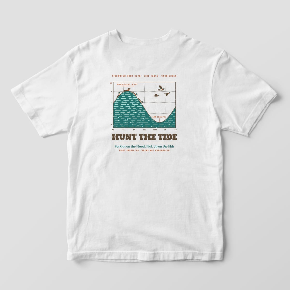 White Comfort Colors T-shirt back with a teal tide chart, mallards riding the high tide and the words Hunt the Tide