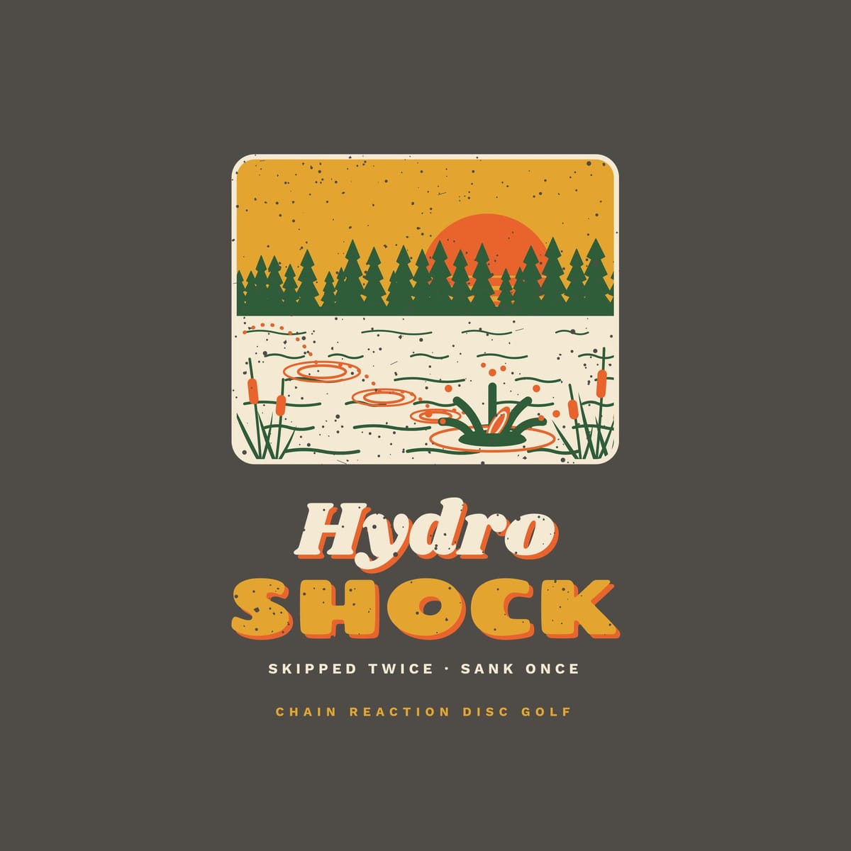 Close-up of the back print artwork: a framed retro pond scene with pines, cattails and a disc skipping into the water above the words Hydro Shock, with retro speckled texture.