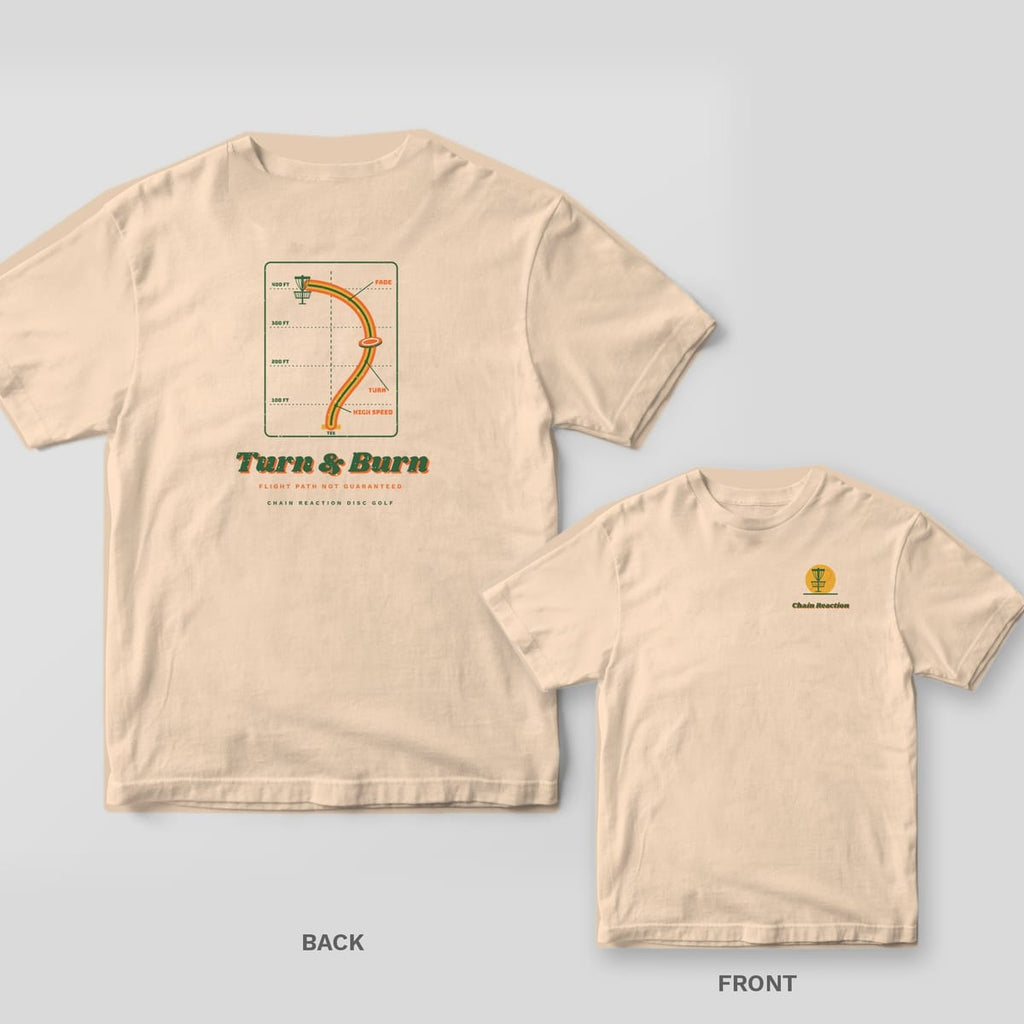 Ivory Comfort Colors tee shown back and front: a retro disc golf flight chart with a striped S-curve flight path ending at a basket above the words Turn and Burn on the back and a small left-chest print.