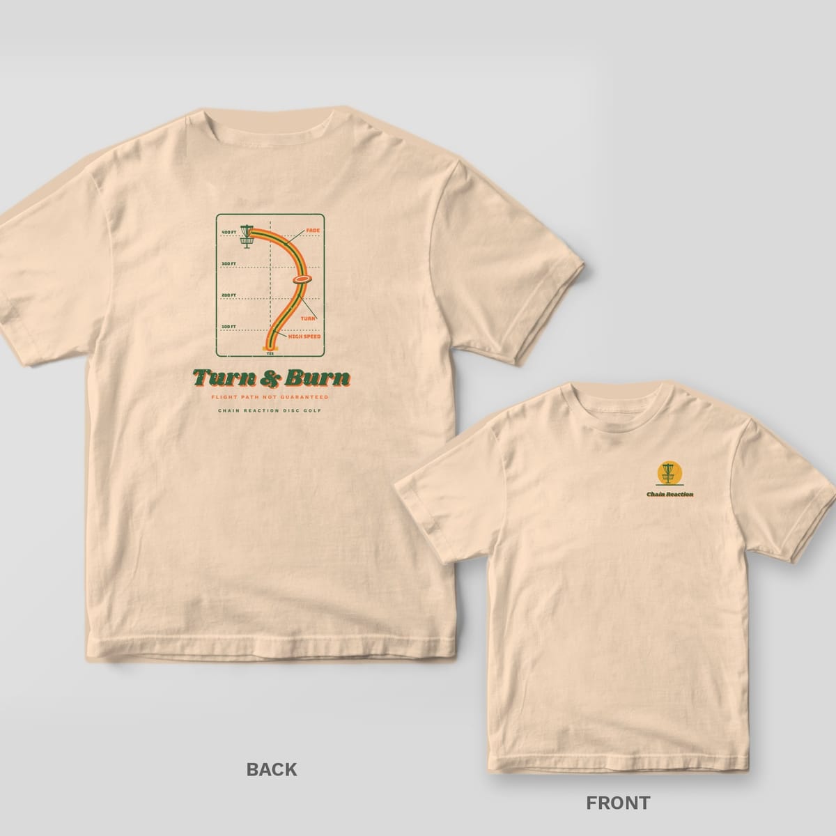 Ivory Comfort Colors tee shown back and front: a retro disc golf flight chart with a striped S-curve flight path ending at a basket above the words Turn and Burn on the back and a small left-chest print.