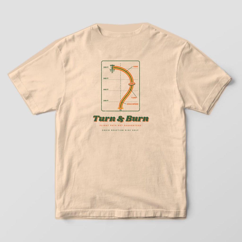 Back of an Ivory Comfort Colors 1717 tee printed with a retro disc golf flight chart with a striped S-curve flight path ending at a basket above the words Turn and Burn.