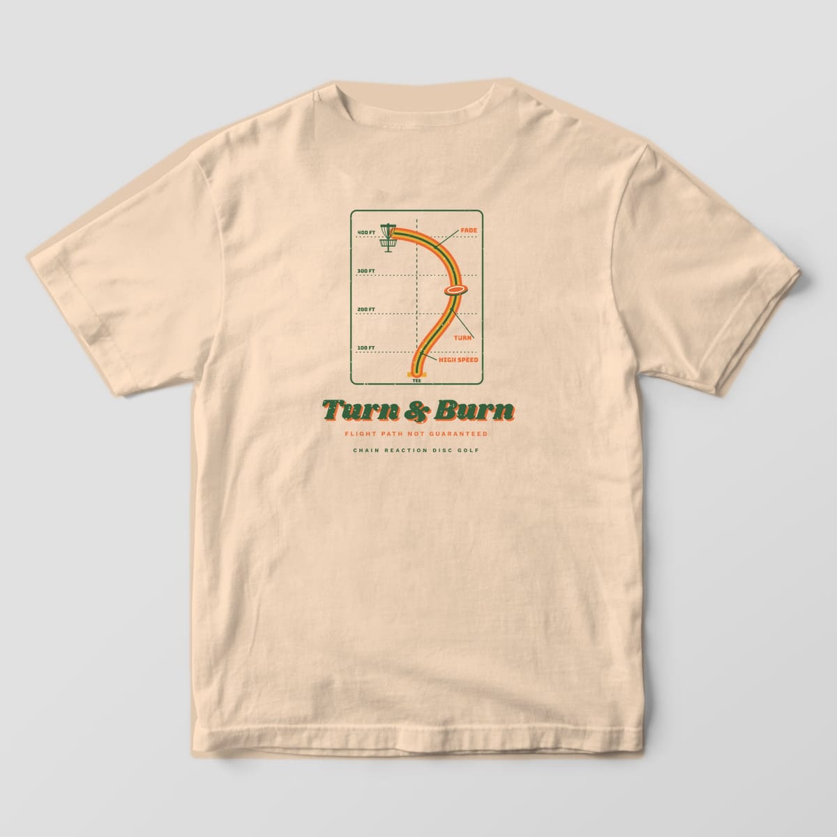 Back of an Ivory Comfort Colors 1717 tee printed with a retro disc golf flight chart with a striped S-curve flight path ending at a basket above the words Turn and Burn.