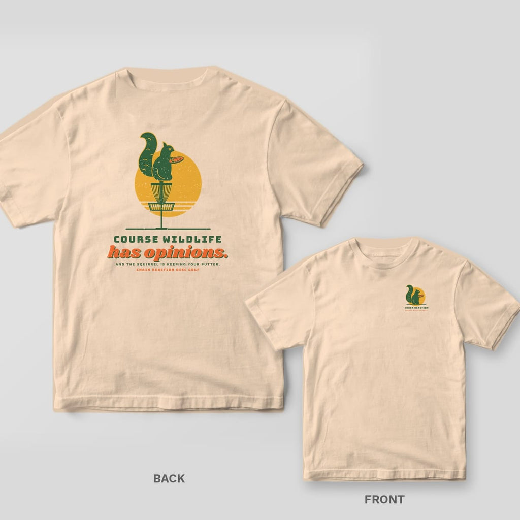 Ivory heavyweight t-shirt shown back and front: back print of a green squirrel holding an orange disc on top of a disc golf basket over a mustard sun, small squirrel logo on the left chest