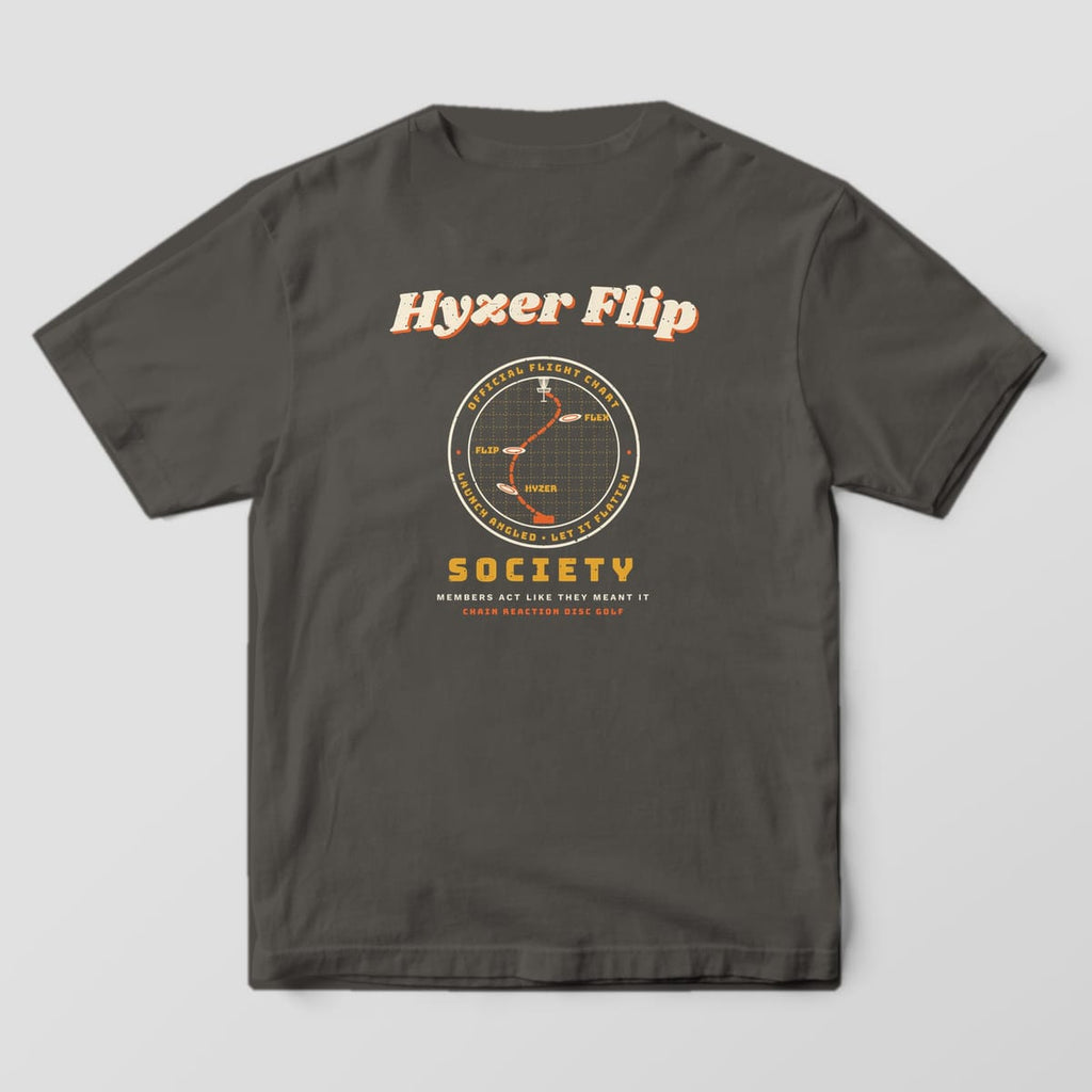 Back of a pepper Comfort Colors t-shirt with a circular flight chart showing a hyzer flip path to a basket