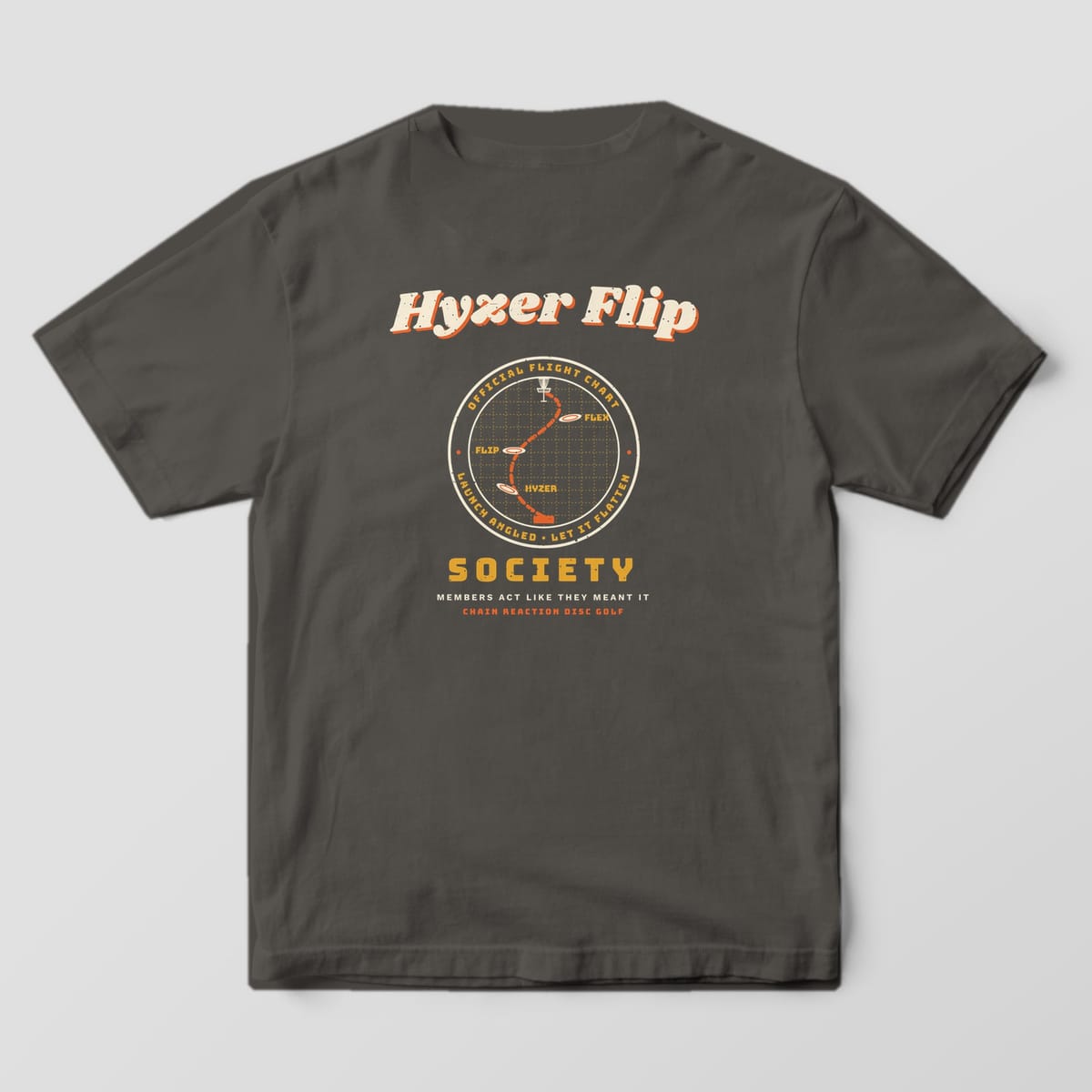Back of a pepper Comfort Colors t-shirt with a circular flight chart showing a hyzer flip path to a basket