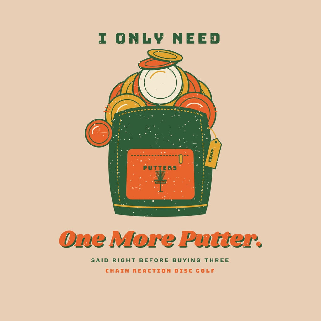 Close-up of the print: bulging bag with putter pocket and basket patch, stacked discs, escaping disc, orange script headline