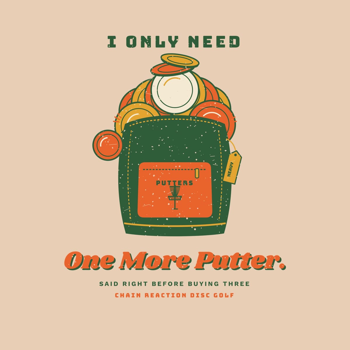 Close-up of the print: bulging bag with putter pocket and basket patch, stacked discs, escaping disc, orange script headline