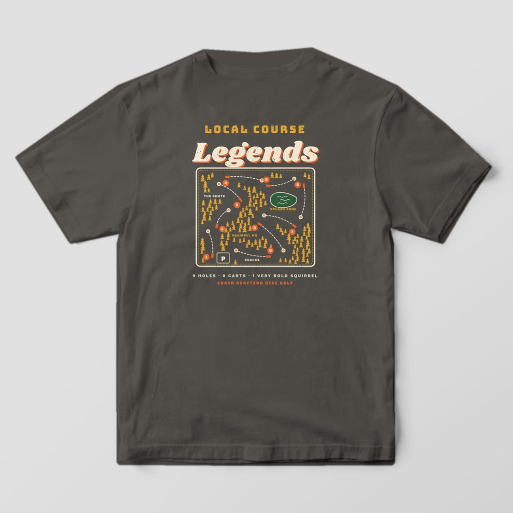 Back of a pepper Comfort Colors t-shirt with a nine hole disc golf course map and the title Local Course Legends
