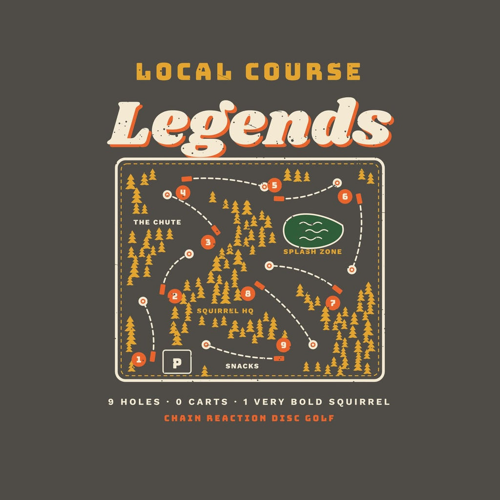 Close-up of the print: map with orange hole numbers, dashed cream fairways, mustard pine trees, green pond labeled Splash Zone