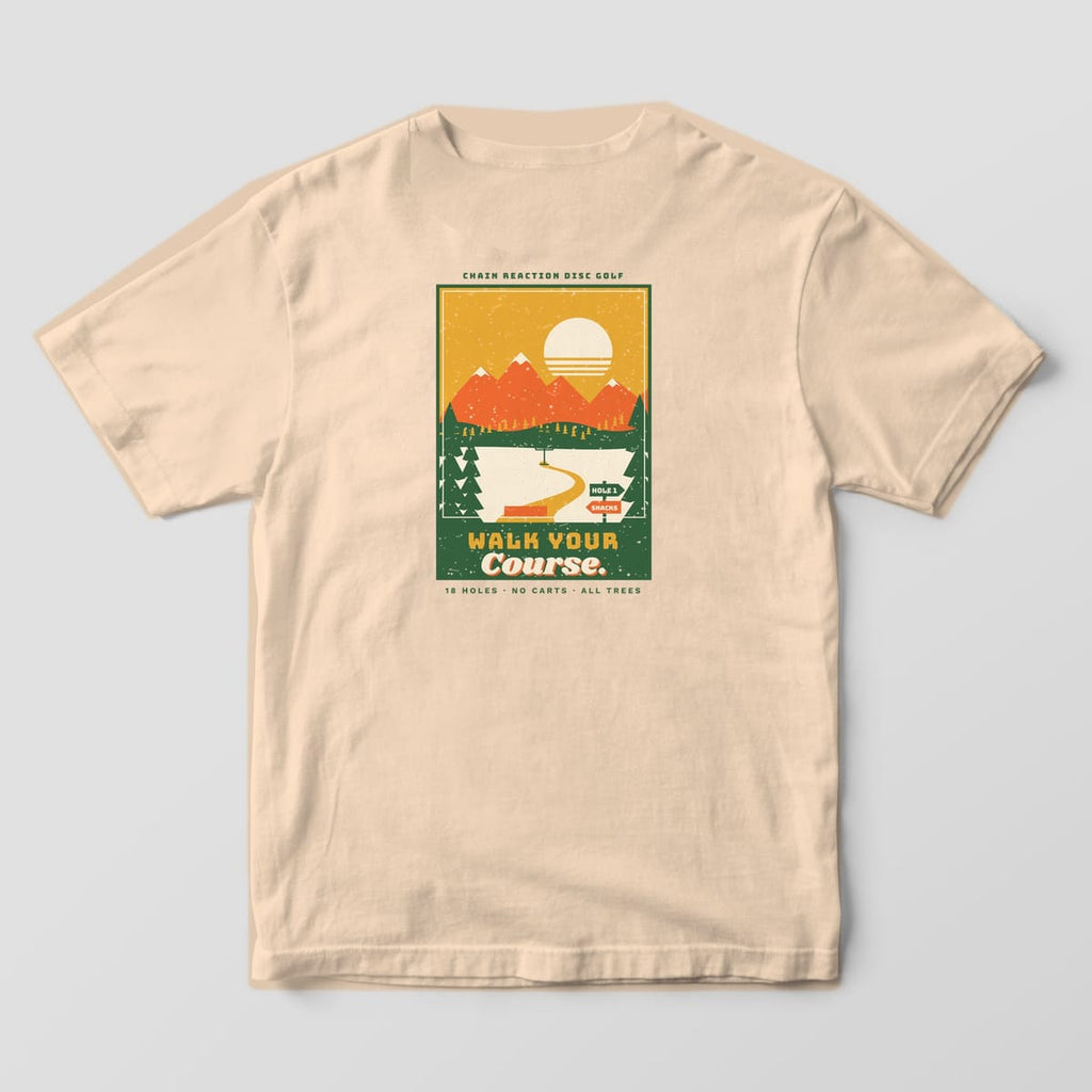 Back of an ivory Comfort Colors t-shirt with a park poster style disc golf scene titled Walk Your Course