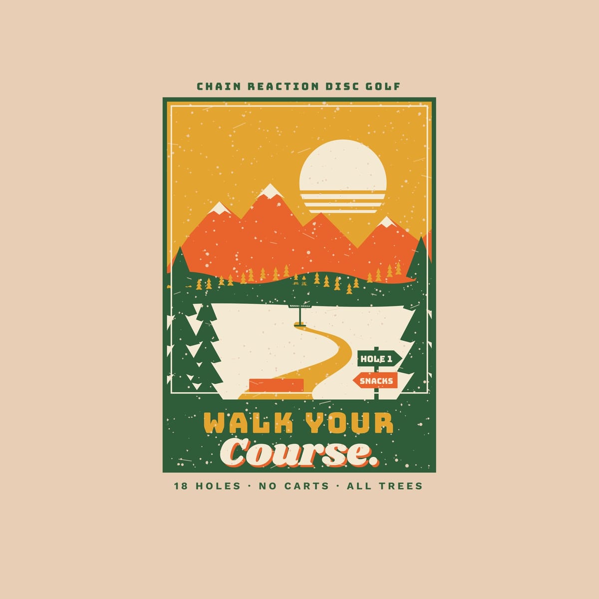 Close-up of the poster print: snow-capped orange peaks, striped sun, trail signs reading Hole 1 and Snacks, green title band