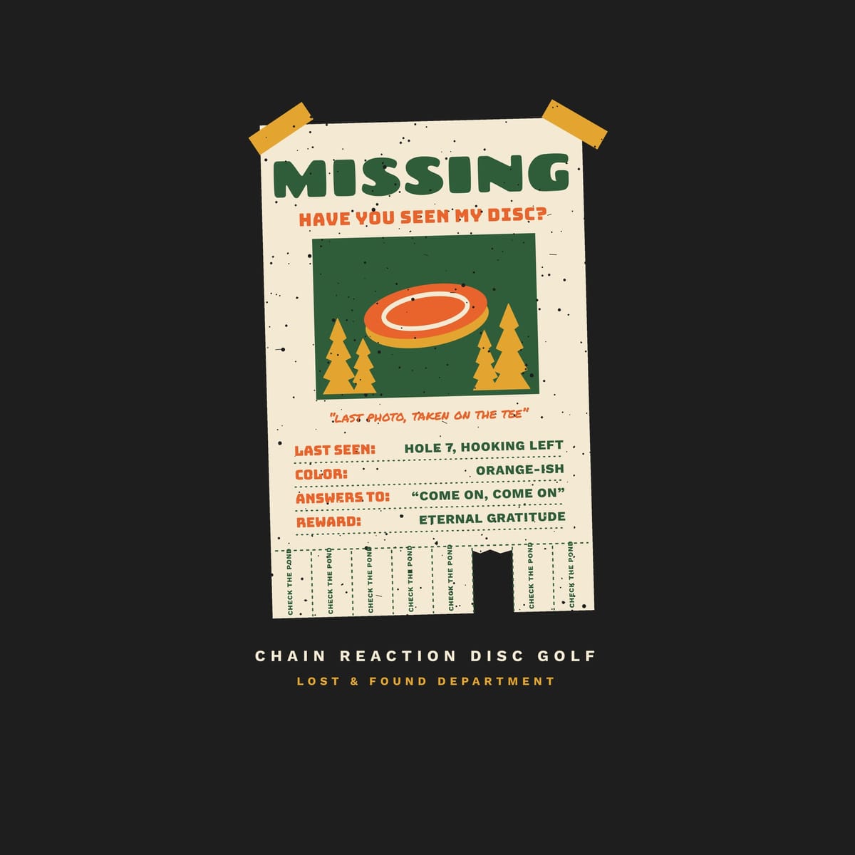 Close-up of the back print artwork: a cream taped-up Missing poster with a photo of an orange disc, lost-disc details and tear-off tabs, with retro speckled texture.