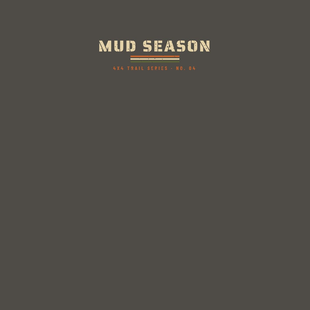 Close-up of the full front print, full front Mud Season racing wordmark with a lifted 4x4 on retro racing stripes and Spring Summer Fall Mud text, on a pepper background