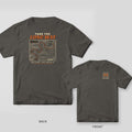 Pepper Comfort Colors 1717 tee shown back and front: topographic trail map with a winding route from Mile 0 to Camp and Take the Long Way headline on the back, contour-line M logo with Mud Season stencil text on the left chest