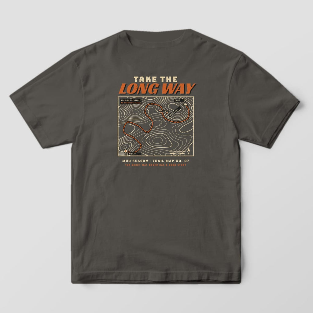 Back of a Pepper Comfort Colors 1717 tee printed with a topographic trail map with a winding route from Mile 0 to Camp and Take the Long Way headline