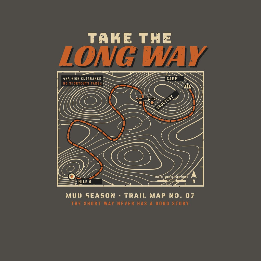 Close-up of the back print artwork, topographic trail map with a winding route from Mile 0 to Camp and Take the Long Way headline, on a pepper background