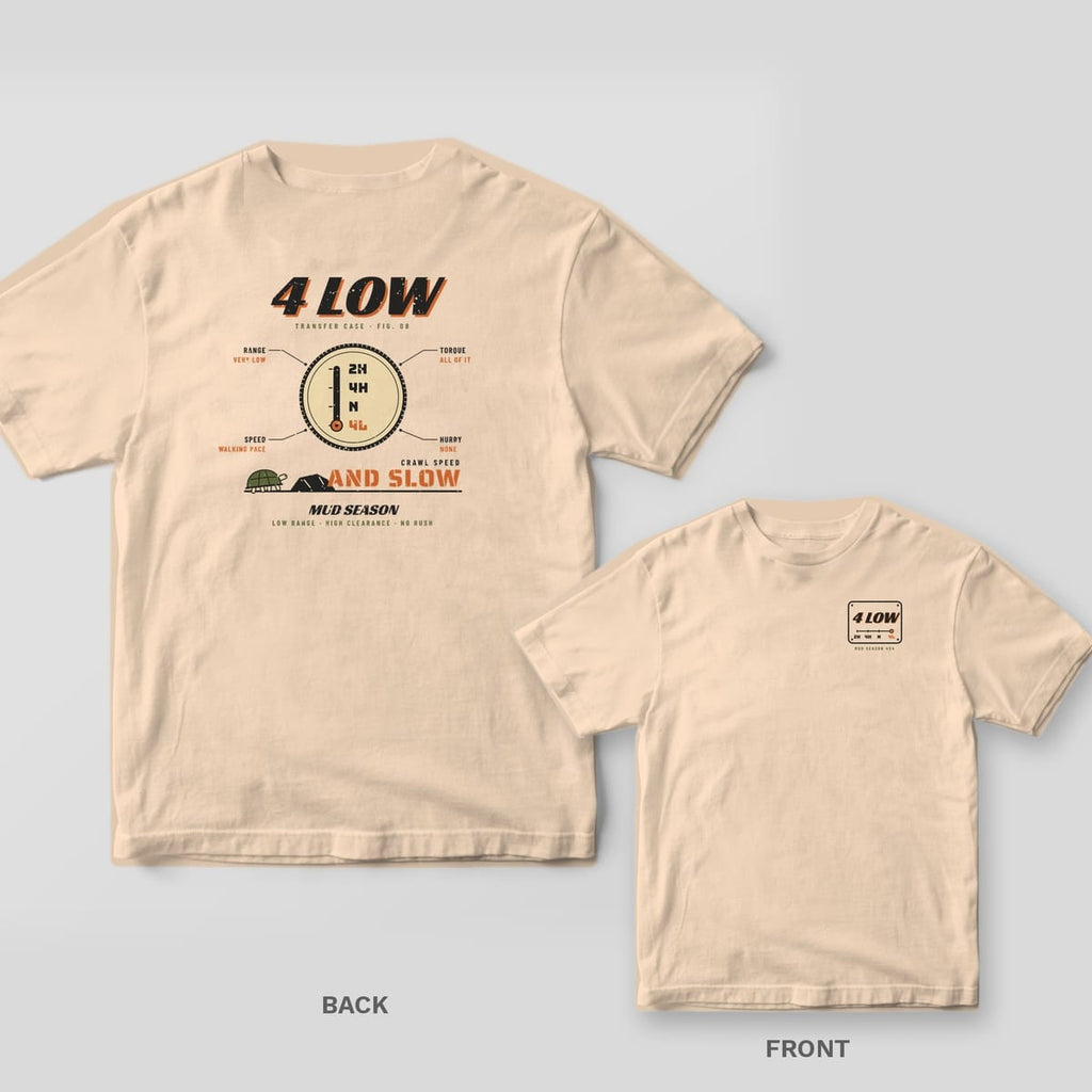 Ivory Comfort Colors 1717 tee shown back and front: shifter knob diagram parked in 4L with callouts and a turtle beside And Slow text on the back, 4 Low plate with shift pattern on the left chest