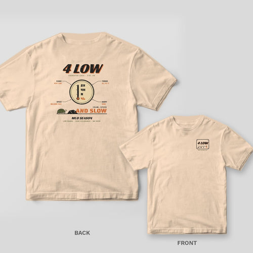 Ivory Comfort Colors 1717 tee shown back and front: shifter knob diagram parked in 4L with callouts and a turtle beside And Slow text on the back, 4 Low plate with shift pattern on the left chest