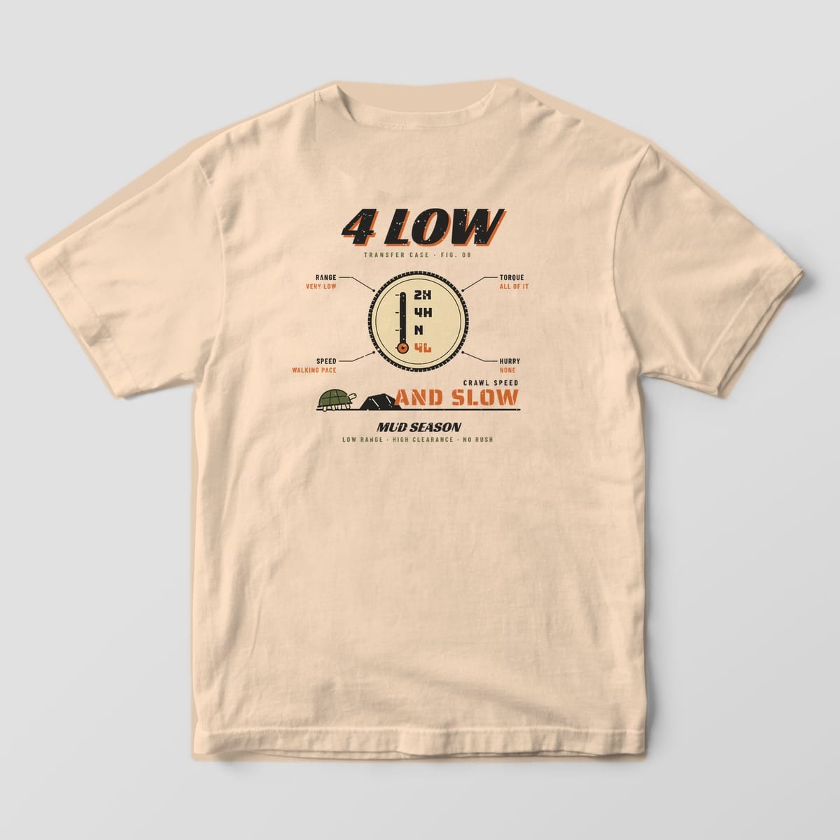 Back of an Ivory Comfort Colors 1717 tee printed with a shifter knob diagram parked in 4L with callouts and a turtle beside And Slow text