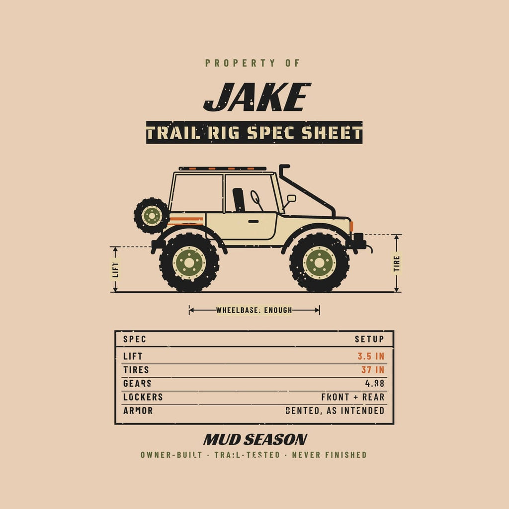 Close-up of the back print artwork, custom name trail rig spec sheet with a lifted 4x4 side view and spec table, on an ivory background