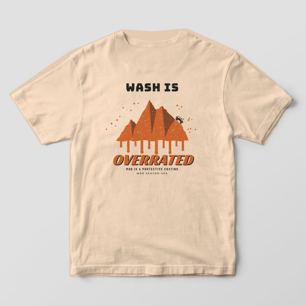 Back of an Ivory Comfort Colors 1717 tee printed with a mountain range made of dripping mud with a tiny rig and Wash Is Overrated text