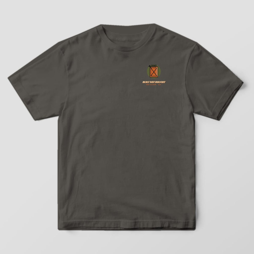 Front of a pepper Comfort Colors 1717 T-shirt with a small jerry can and Built Not Bought left-chest print.