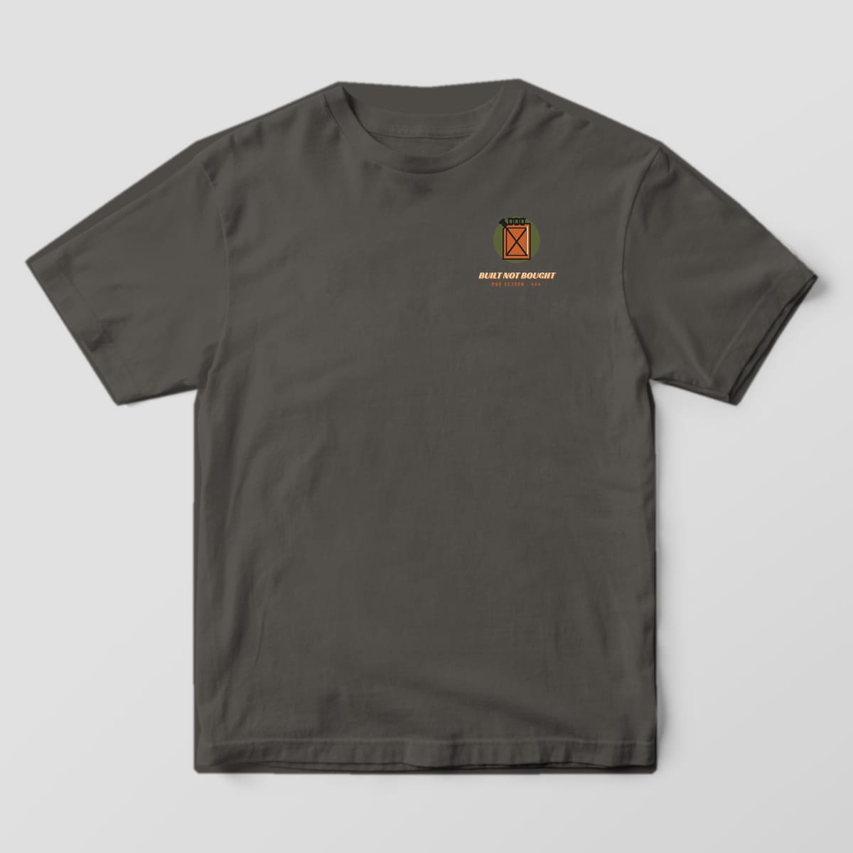 Front of a pepper Comfort Colors 1717 T-shirt with a small jerry can and Built Not Bought left-chest print.