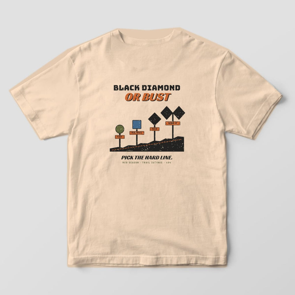 Back of an ivory Comfort Colors 1717 T-shirt printed with green, blue and black diamond trail signs and Black Diamond or Bust lettering.
