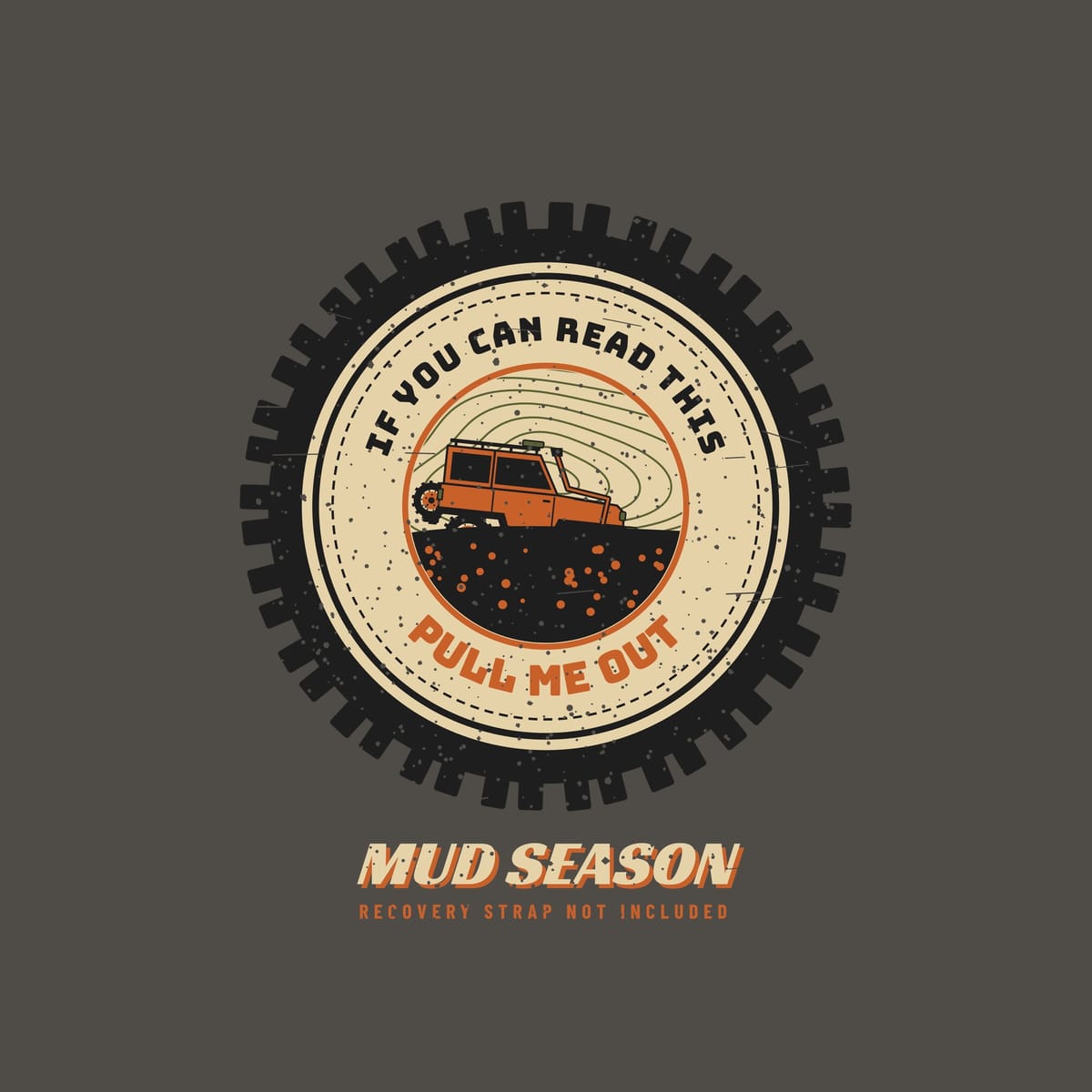 Close-up of the full back artwork: an off-road tire with a sand-colored cover, curved lettering and a 4x4 stuck in mud, shown flat on a pepper background.