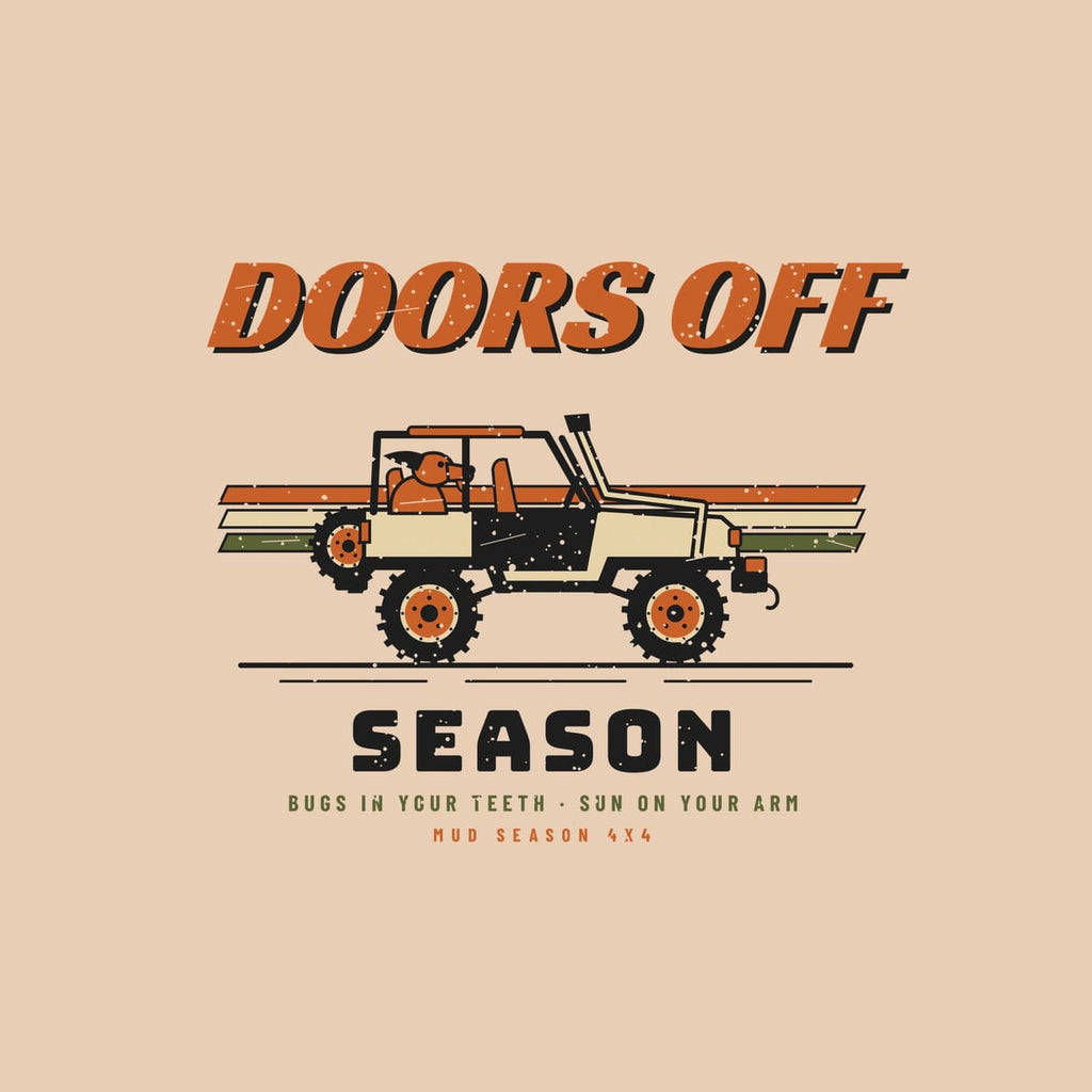 Close-up of the full back artwork: an open-top 4x4 with roll cage and a dog in back over clay, sand and olive stripes, shown flat on an ivory background.