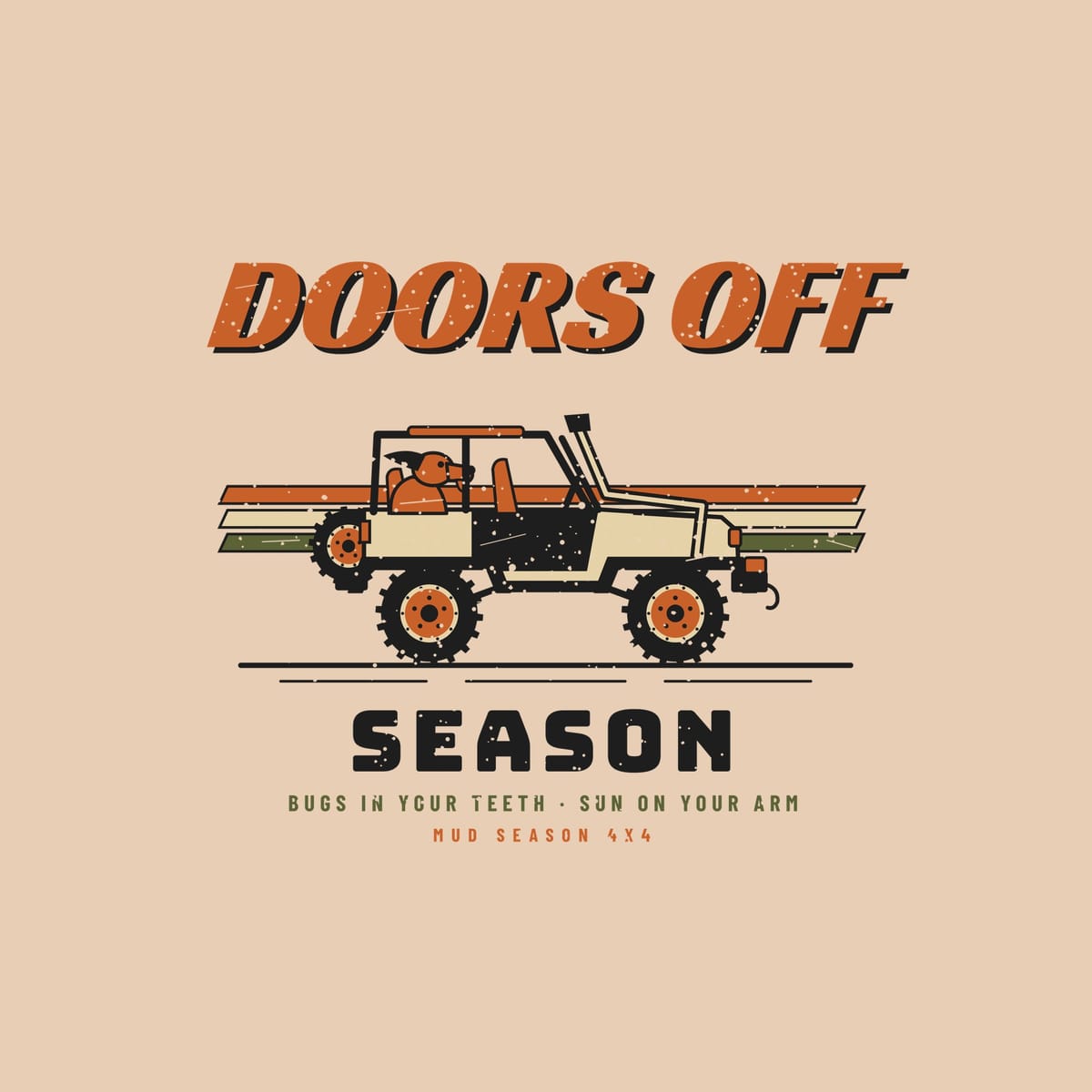 Close-up of the full back artwork: an open-top 4x4 with roll cage and a dog in back over clay, sand and olive stripes, shown flat on an ivory background.