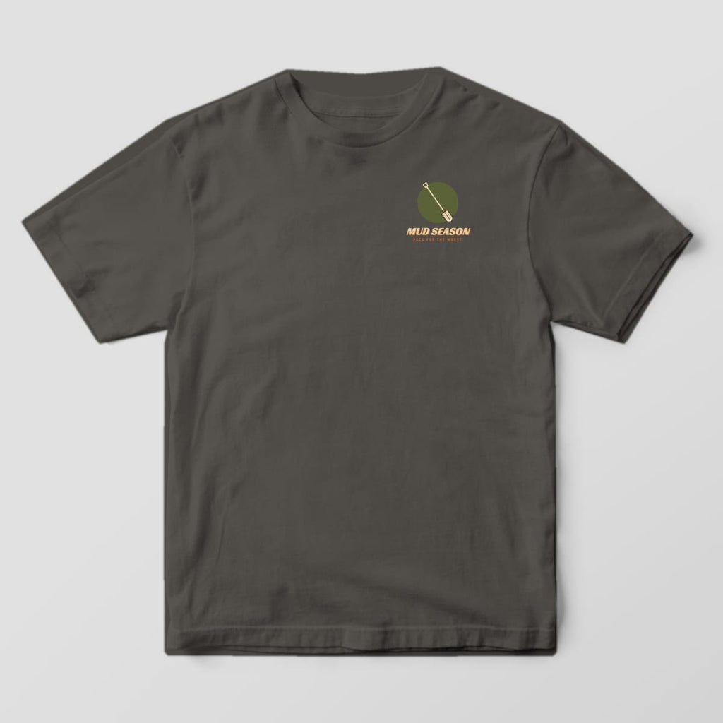Front of a pepper Comfort Colors 1717 T-shirt with a small shovel and Mud Season left-chest print.
