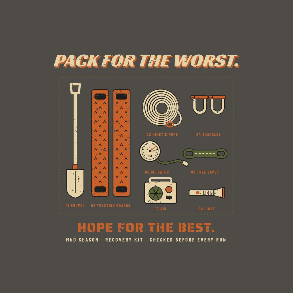 Close-up of the full back artwork: shovel, traction boards, rope, shackles, deflator, strap, compressor and flashlight, each labeled, shown flat on a pepper background.