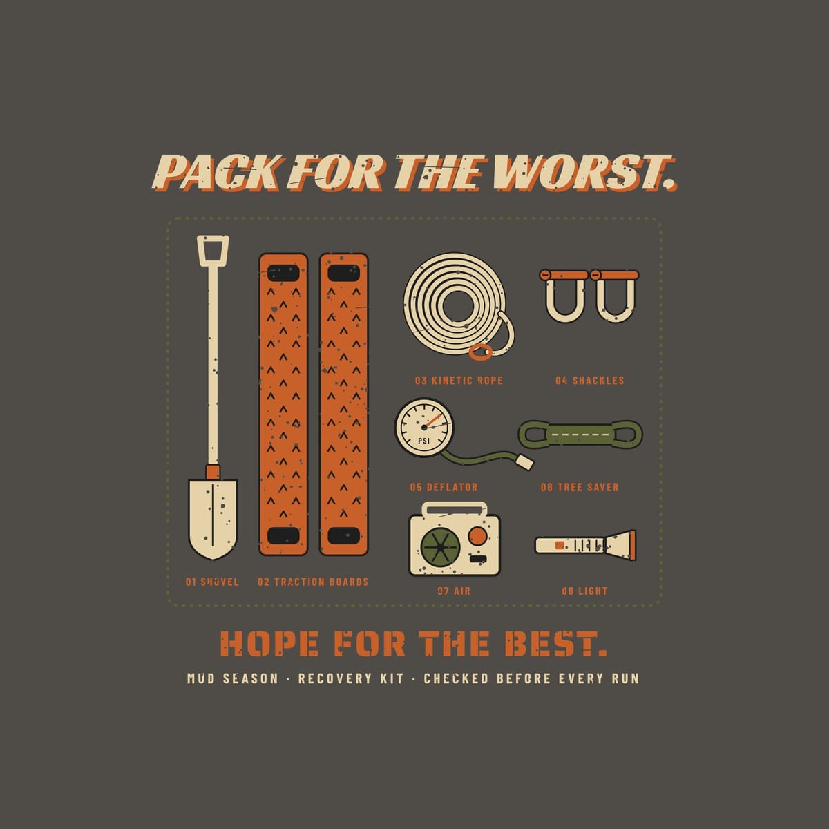 Close-up of the full back artwork: shovel, traction boards, rope, shackles, deflator, strap, compressor and flashlight, each labeled, shown flat on a pepper background.