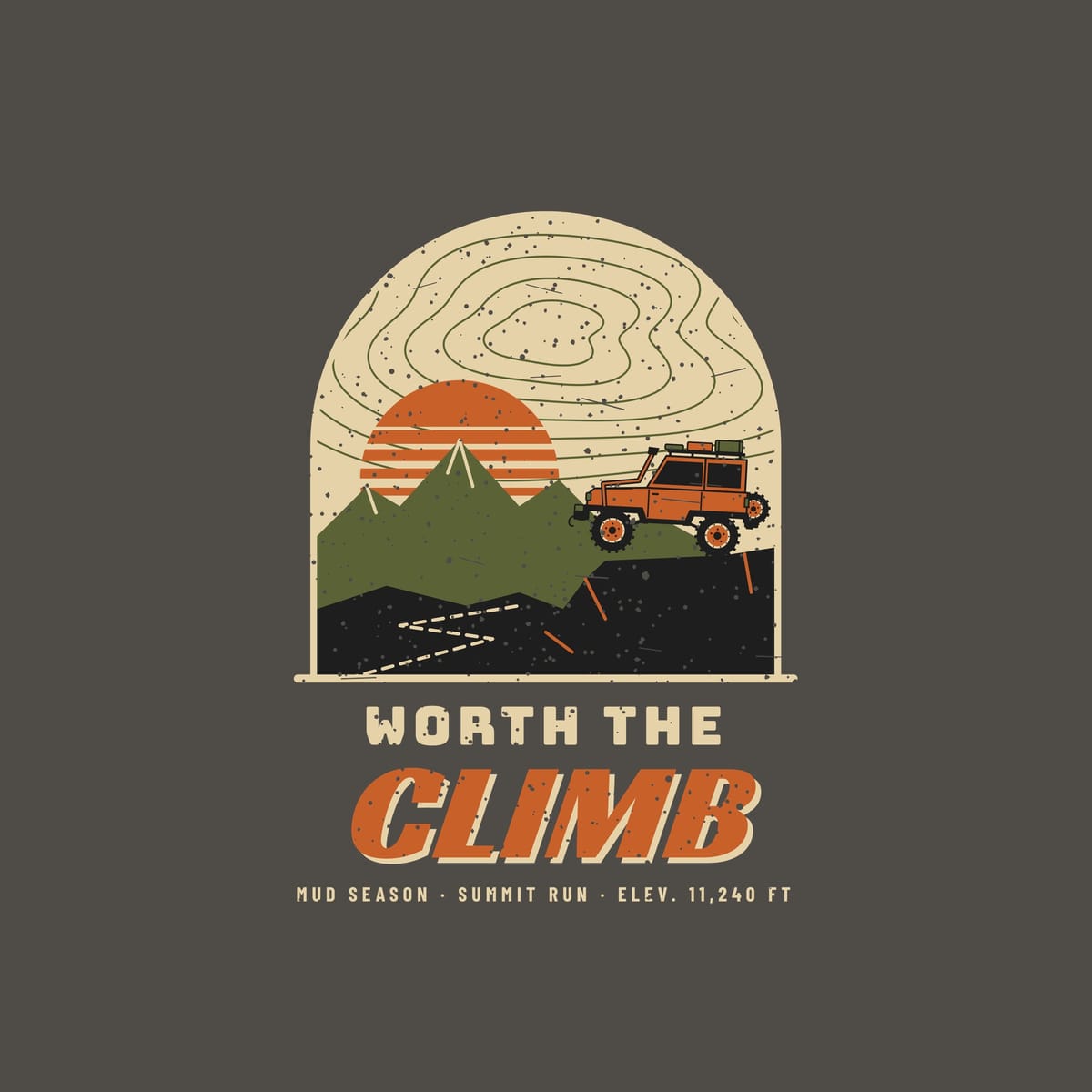 Close-up of the full back artwork: an arched scene of a 4x4 on a summit with switchbacks, mountains and a striped sun, shown flat on a pepper background.