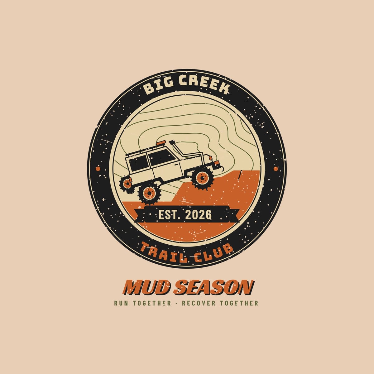 Close-up of the full back artwork: a black ring badge with club name, Trail Club, a 4x4 on a clay ledge and an EST. year ribbon, shown flat on an ivory background.