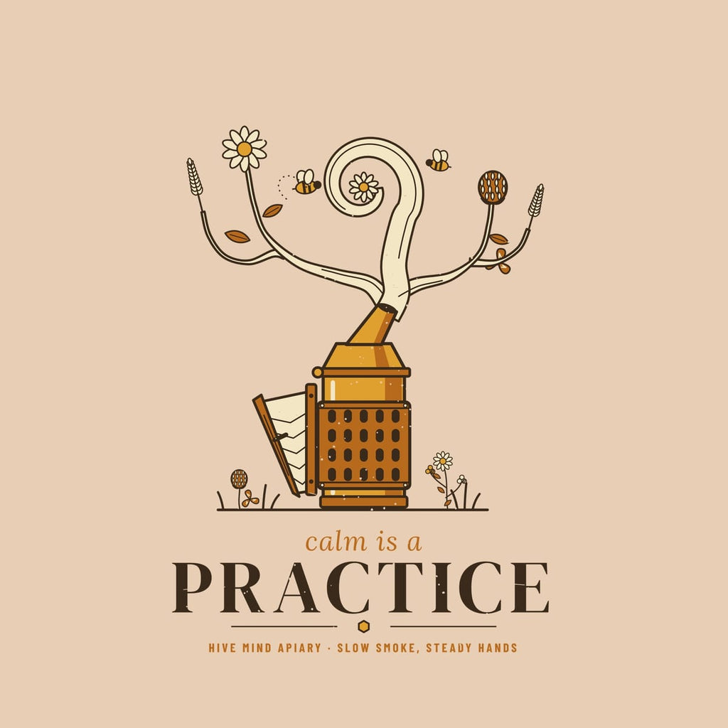 Close-up of the full back artwork: a vintage bee smoker whose smoke curls into wildflowers above the words calm is a practice, shown flat on a ivory background.