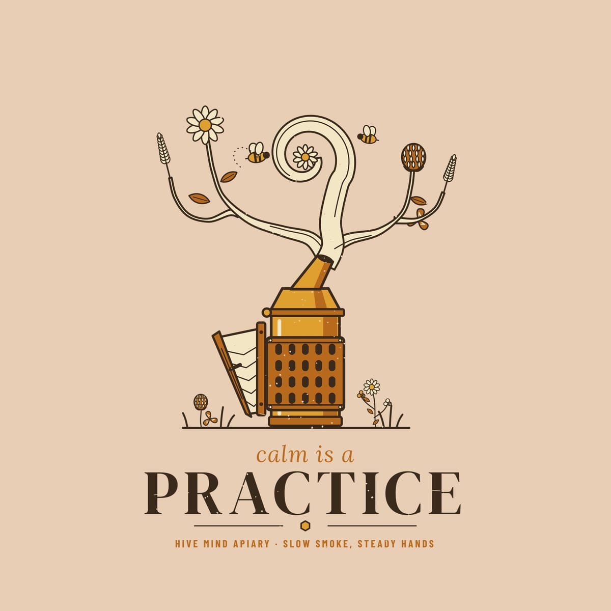Close-up of the full back artwork: a vintage bee smoker whose smoke curls into wildflowers above the words calm is a practice, shown flat on a ivory background.