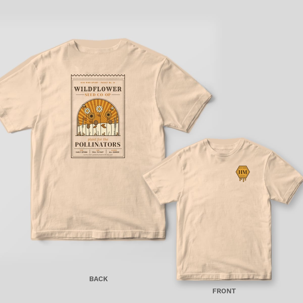 Back and front of a ivory Comfort Colors T-shirt; the back shows a vintage wildflower seed packet reading plant for the pollinators, the front has a small left-chest print.