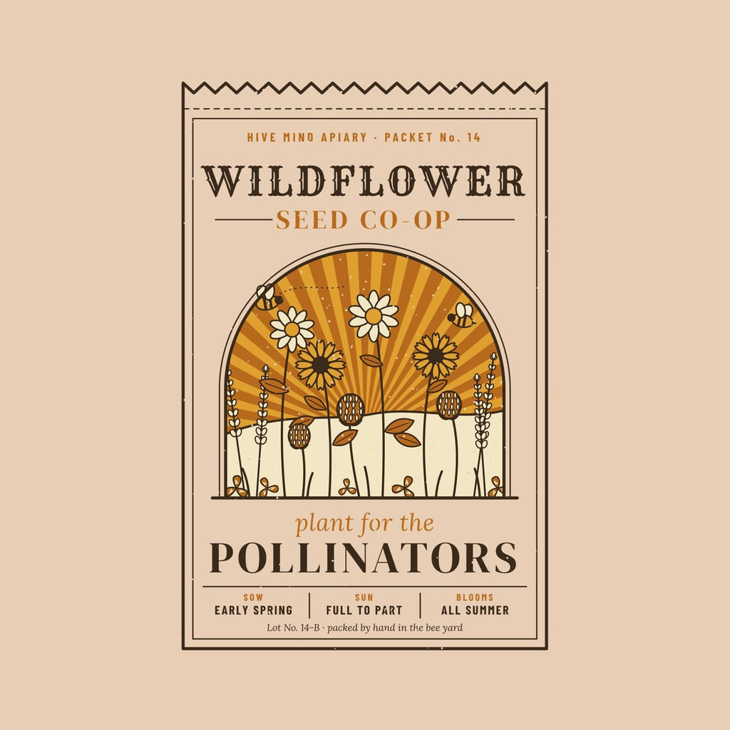Close-up of the full back artwork: a vintage wildflower seed packet reading plant for the pollinators, shown flat on a ivory background.