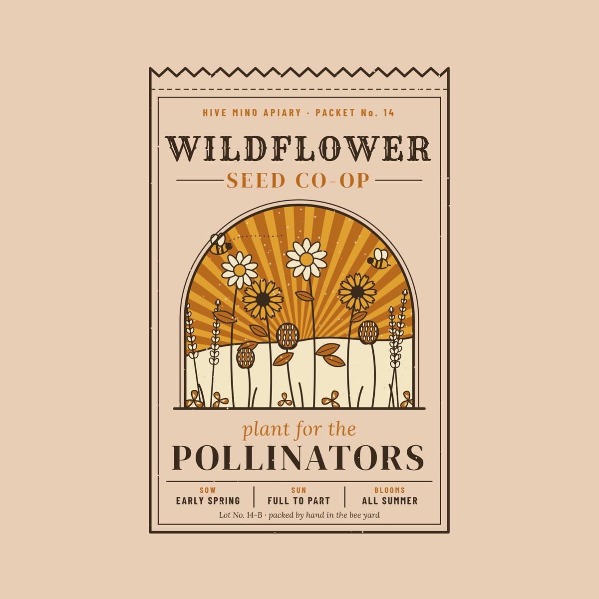 Close-up of the full back artwork: a vintage wildflower seed packet reading plant for the pollinators, shown flat on a ivory background.