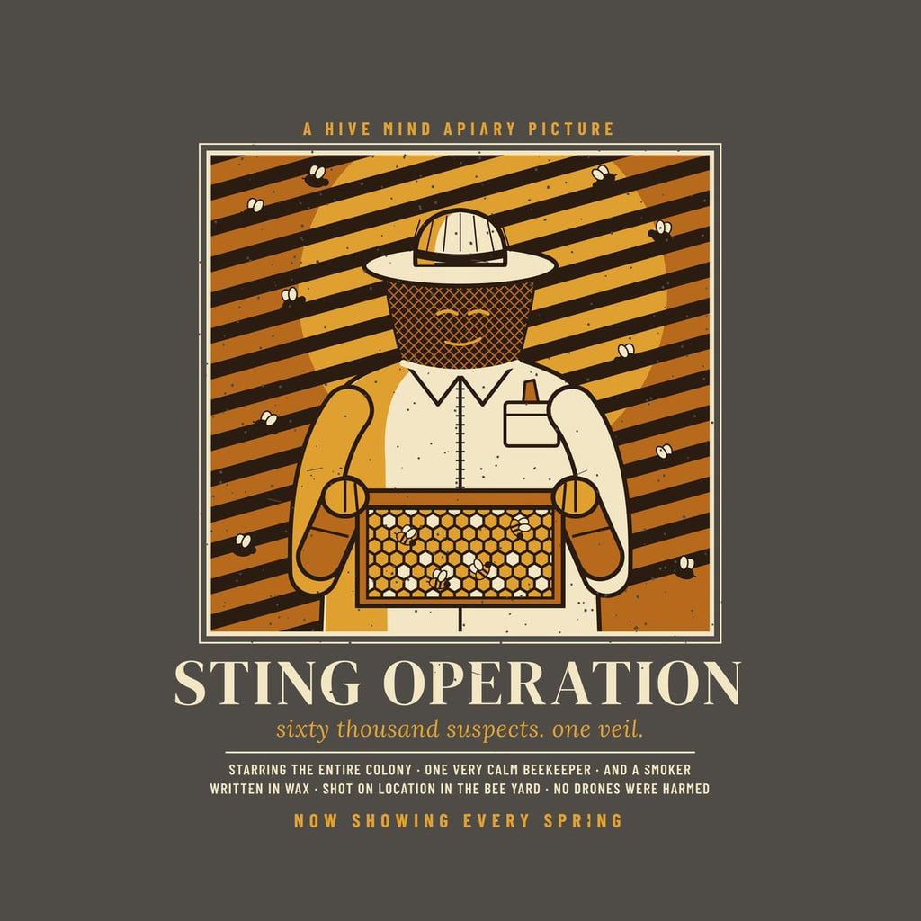 Close-up of the full back artwork: a film noir style poster of a beekeeper holding a comb frame titled Sting Operation, shown flat on a pepper background.